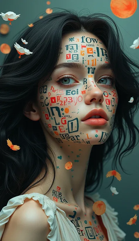 

a woman, black hair, made up of typography elements, typefaces, letters, numbers, paper, in a fantastic world, night
