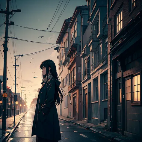 anime girl, walking alone on a melancholic street, autumn leaves falling, nostalgic atmosphere, soft lighting, vintage tones, surreal dream-like elements, Franz Kafka inspired, introspective pose, cityscape background, twilight sky with muted colors, emoti...