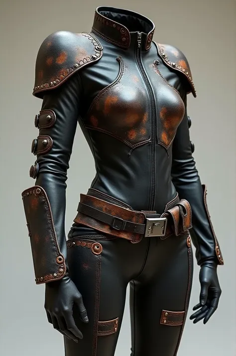 should be black and form-fitting, covering the entire body. It features patchwork reinforced padding and visible chaotic, slapdash stitching on the elbows, knees, and shoulders for additional protection. The leather appears worn and rugged, with a vintage ...