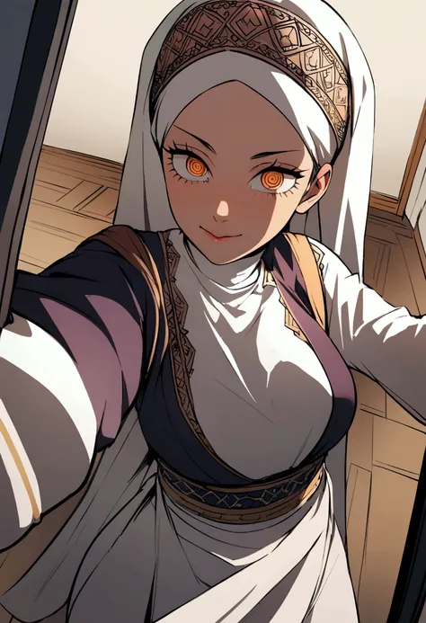 power from chainsaw man, selfie, peace sign, detailed eyes, hijab,  arabic clothes, perspective.