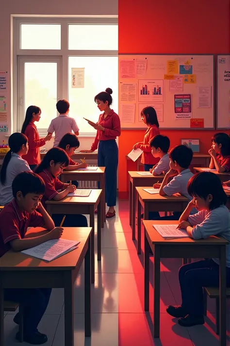 fine art photo, dark red and white Style illustration split into two contrasting scenes, both set in a typical Malaysian classroom. On the left side, the classroom is lively and engaging, with students smiling and participating in group activities, hands-o...