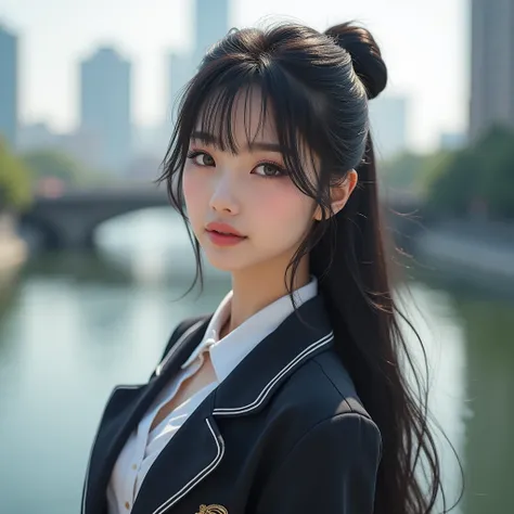 Chinese woman, grey eyes, Black hairs, 1Bun and bangs hairstyle, Realistic, (Highest image quality, outstanding details, ultra-high resolution, realism: 2), highly condensed 1 beautiful lady, with a delicate beautiful face, with a delicate beautiful face, ...