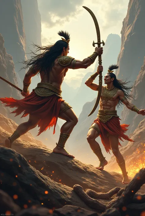  War scene between two ancient warrior in battlefield. One warrior killed other one. Image should resemble Hindu mythology 