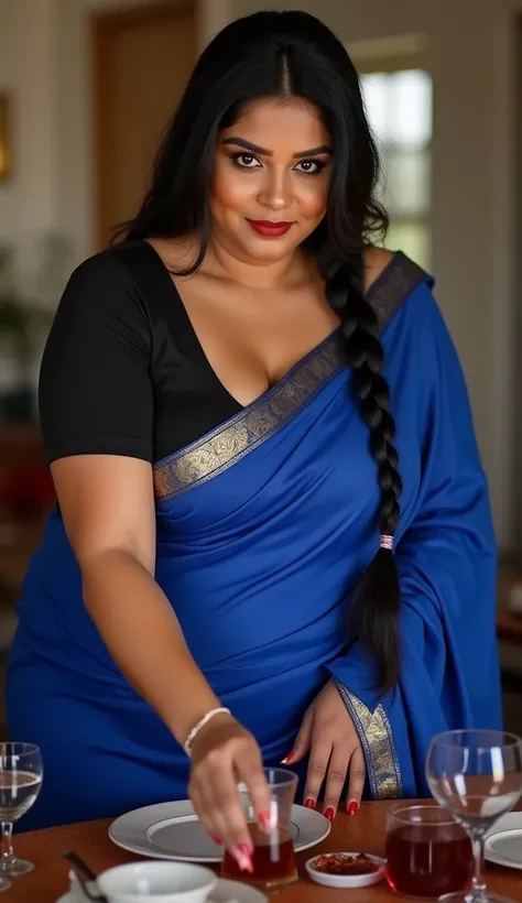 hot sexy very short south indian black curvy milf with long single plaited hair, big breast, big hip, big ass, thick thighs, woman wearing blue saree with black blouse, in house, ultra hd photo, 4k picture, looking at camera, woman bending foward and servi...