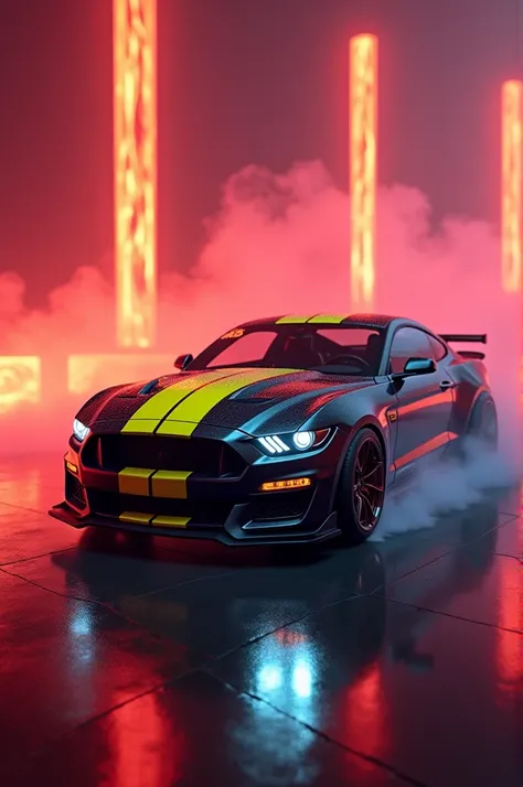 A neon mustang with yellow strips on the bonet, fog in background , red fire coming out of background, nice aloys on wheels