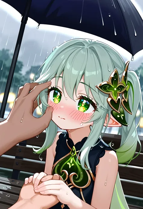 anime girl nahida, sitting on a bench, in the rain, wet, a man's hand holds an umbrella over her, she is a little embarrassed, b...