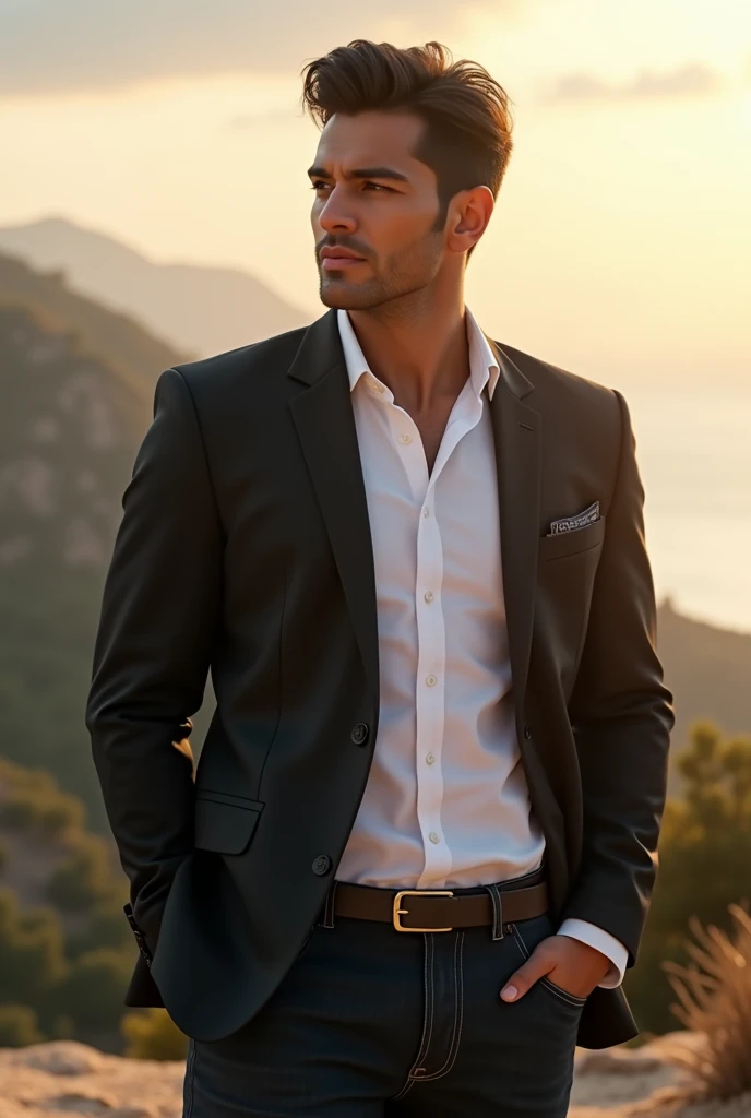 Profile:1.5, Create a photorealistic image of Diego Salazar, a stylish and confident man in both casual and formal attire. In the left half of the image, he’s wearing a sharp, well-fitted black suit with a white shirt, standing with his arms crossed. On th...