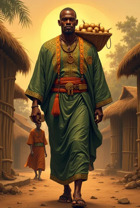 A man, rich, tall, proud, servant behind him carrying basket of yams on their heads, fine clothe, sun already set at noon, walking forward, african local village, realistic painting, nigerian igbo attire