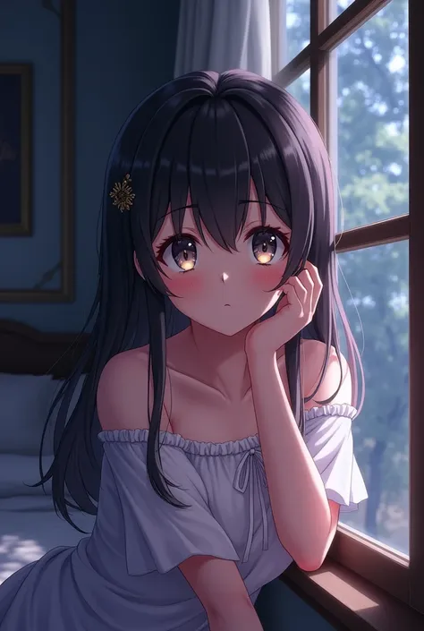 A sexy anime girl peeking through a window 