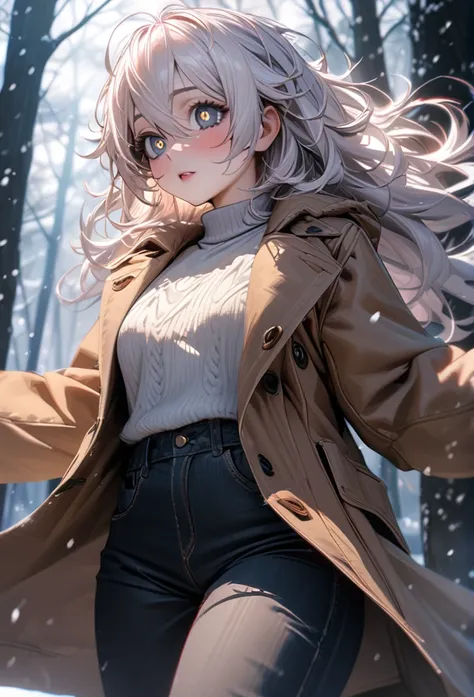 Ai Hoshino, (absurdres, highres, ultra detailed), masterpiece, 8K, perfect resolution, great detail, super detailed, detailed face, 1girl, trench coat, long pants, winter clothes, young adult, long white hair, dense hair, burpule eyes star in pupils-purpul...