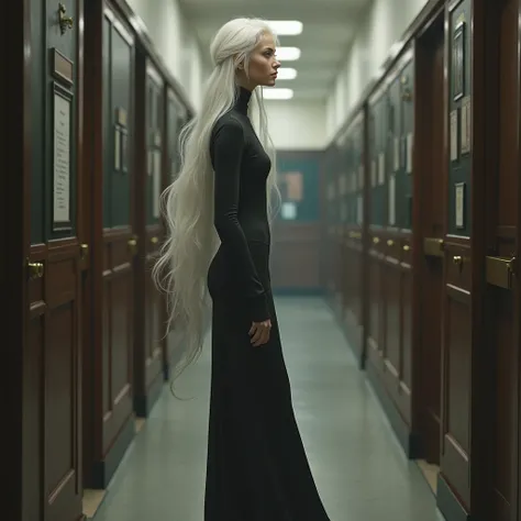 Tall beautiful woman with white hair in a school