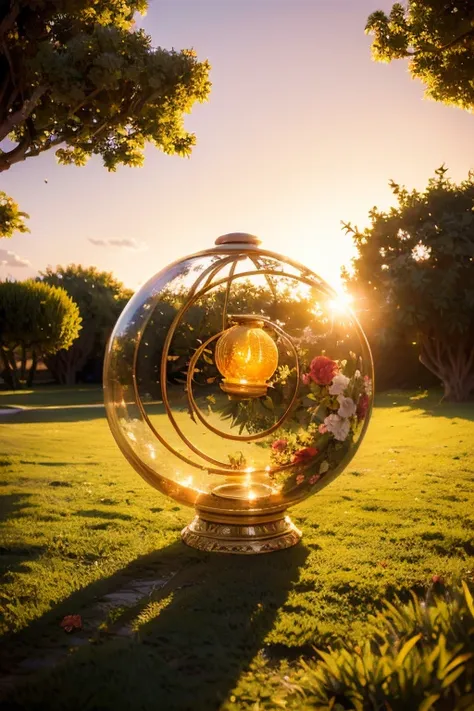 Floral background with round base on the ground with epic golden sunset light