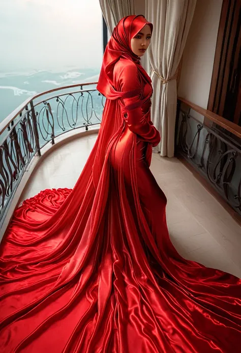 A woman shrouded in a 10-meter-long, plush red semi transparent satin shimmer cloth, tightly bound and grandly draping along the form of her body, poof style on the bottom outfit, flowing off into a pooled floor-length train, styled in a mermaid-inspired o...