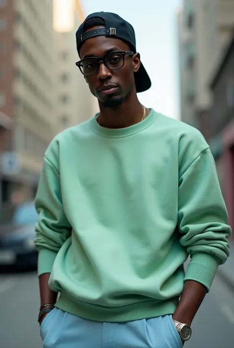 A dark-skinned man with light blue pants and a pastel green sweatshirt and a black cap closed backwards with dark glasses 