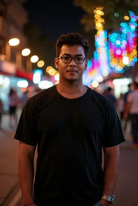 Half body photo,A man who is not very thin, Wearing a black t-shirt ,At night,On the side of the road,People walking around ,There are beautiful multi-colored lights.,Hanging lights,Realistic images,real person