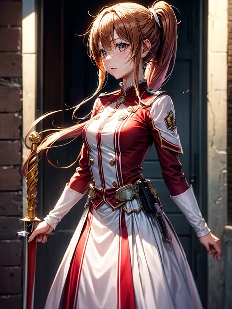 best pictures, masutepiece, ​masterpiece、super precision、sword in hands、thrust、[[rapier:1.10]]、High quality anime girl with brown hair and brown eyes、[3D images:1.25],[[Attractive eyes,A detailed eye、radiant eyes, Colorful eyes:1.25]]、the whole、front-facin...