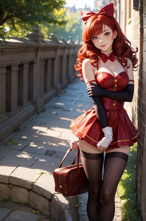 Masterpiece,  Beauty, very curly red hair,  head bow,  very tiny miniskirt,  pantyhose crotch,  candid upskirt,  satin elbow gloves,  sun shiny day 