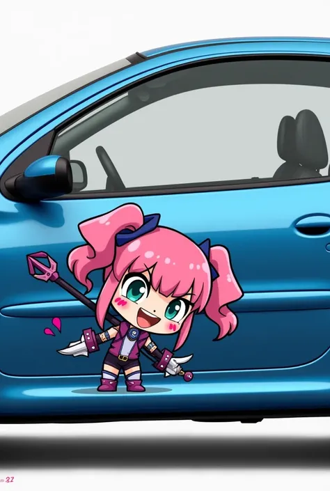 Jinx illustration by Arcane fanart chibi style for the side of the blue Peugeot 206 cc car