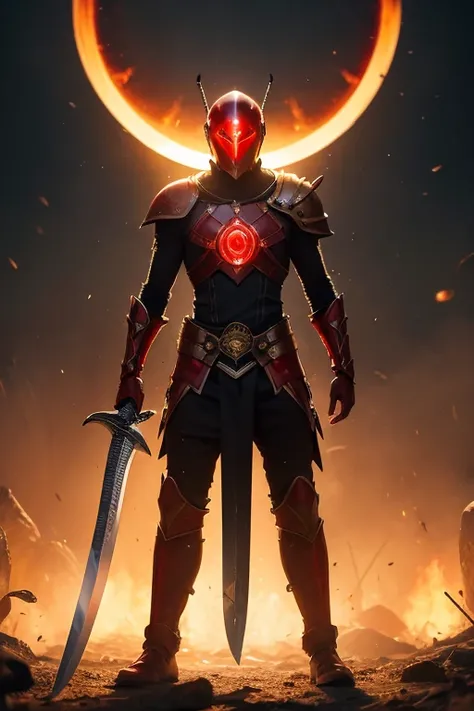 Black and neon red trimmed Insectoid warrior wielding an obsidian sword and shield.,Floral background with round base on the ground with epic golden sunset light