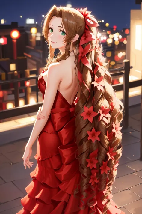 masterpiece, Best Quality, Aerith Gainsborough, Very long hair, Hair Ribbon, Hair Flower, strapless red dress, Watching the audience, From behind, street, smile, at night 