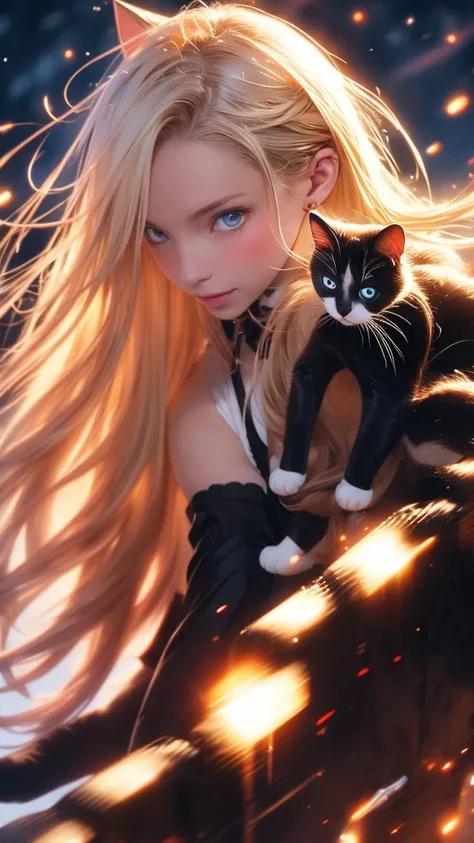 One person, High resolution, Long Hair, sight, Shortcuts, blonde, blue eyes, Cat ear, Portraits, far and near method, Motion Blur, figure, Fantasy Background,