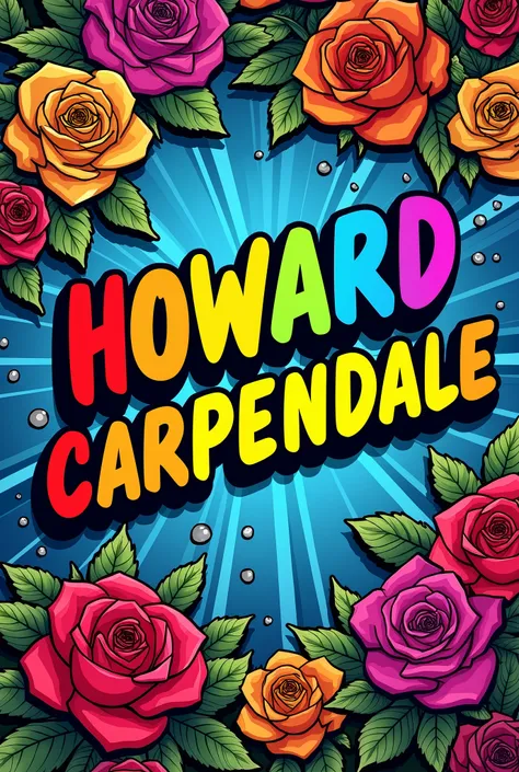 “Create a comic style lettering “Howard Carpendale " in rainbow colors . The background should represent rainbow-colored roses, more flashes designed in grey color. The whole look should be lively, dynamic and comic-style.“



