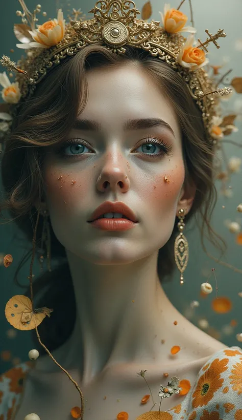 a beautiful woman in a fantastical world, composed of a collage of typography characters, old printing press parts, letters and numbers floating in the sky, (best quality,4k,8k,highres,masterpiece:1.2),ultra-detailed,(realistic,photorealistic,photo-realist...