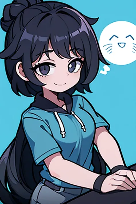 A girl with black hair and black eyes wearing a cyan hoodie、Bitter smile、small breasts, Masseuse、One person、No background、White background