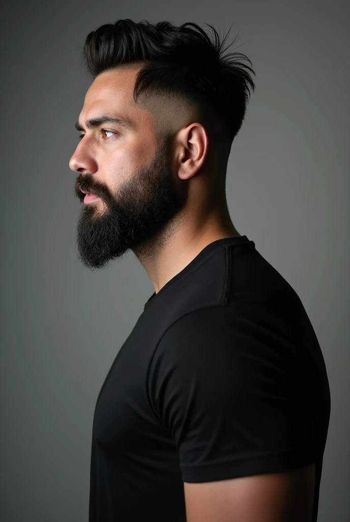 Side profile photo of a short-haired,  man wearing a black t-shirt. bearded state