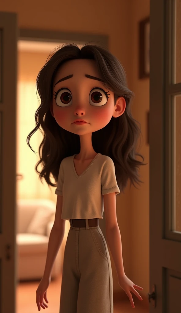 A pixar style of a sad georgous woman with brown hair entering home