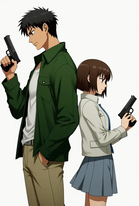 Create an  image of two characters of japanese man and woman standing back-to-back. The male character on the left is tall and muscular, wearing a green jacket over a white shirt, with beige pants. He has short, dark hair and holds a handgun in his right h...