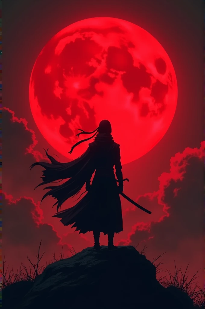 Anime style, dark red moonin background, a black figure of a ninja  in front of the moon