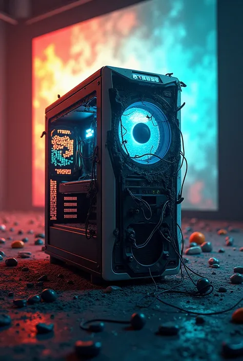 I want a broken pc with a poster-sized frame and an eye-catching background