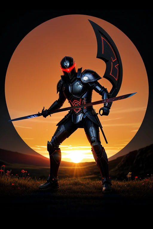 Black and neon red trimmed Insectoid warrior wielding an obsidian sword and shield.,Floral background with round base on the ground with epic golden sunset light.