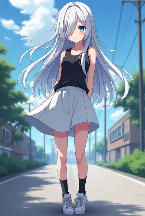 Girl, young adult, anime, blue eyes, silver hair, long hair, left-sided bangs, black tank top, white skirt, black socks, white shoes, full body.

Long hair, silver hair, One hand behind head, bangs cover left eye. No left eye, kuudere. 
