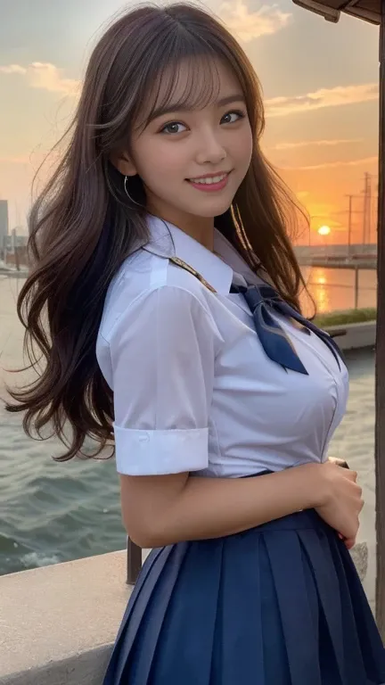 ((Best Quality, masterpiece, Ultra-high resolution、The most complex and detailed depiction))、One schoolgirl、1、High School Uniform,White shirt,Chest ribbon,Navy Skirt、Cowboy Shot、Hair swaying in the wind、Perfect detail、sunset、Beautiful sunset on background、...