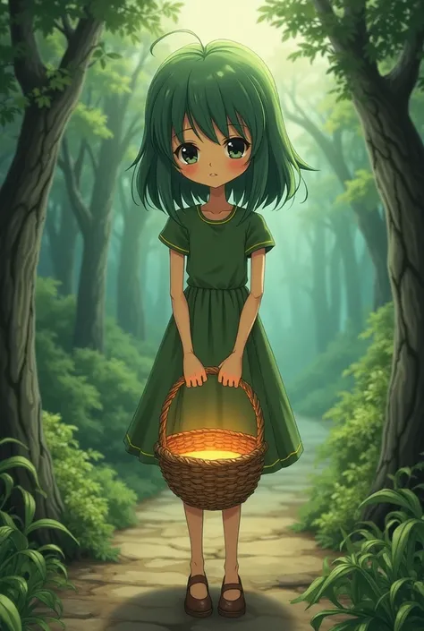 (anime) affiche of a histoire, of a , faite de bois comme une marionnette comme Pinocchio mais pas trop, carrying a basket with a slightly luminous bottom in which she stores the sorrow of the people she touches, she has medium and slightly green hair, wit...