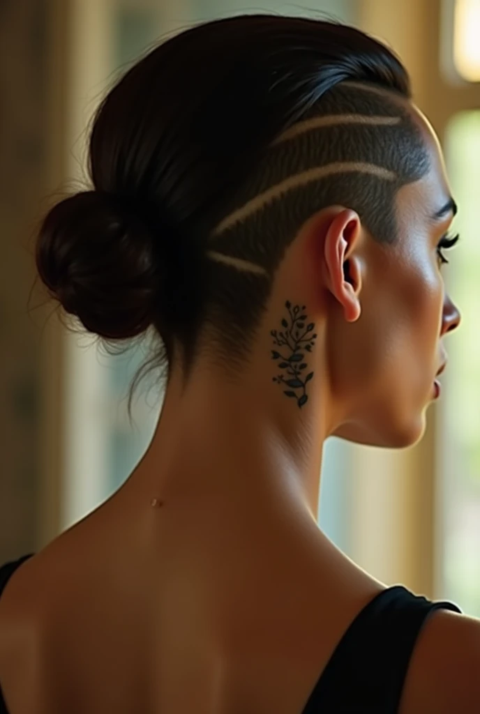 Pretty Arab woman hair with shaved nape seen from behind, zoom on the neck 