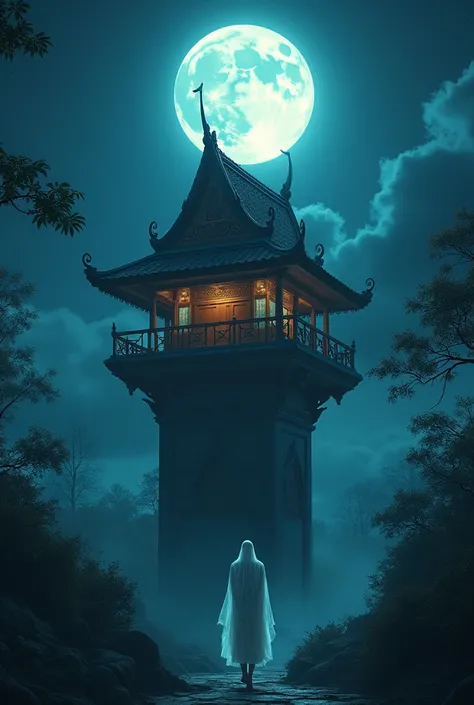 A night when the light of the moon shines a mysterious light on a Khmer wooden house on a pedestal. In the center of the picture is a ghost flying in the air, a beautiful, terrifying beauty.