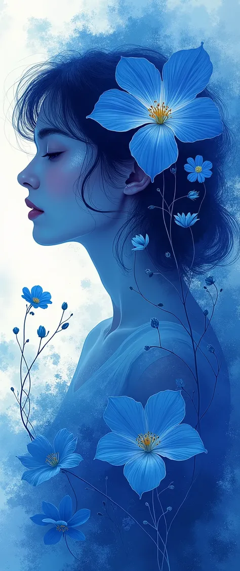 (masterpiece,Superior Quality,Mirror-like,Cinematic Experience,Very detailed),8k,wallpaper,(Illustration of transience and beauty with blue morning glory flowers and a woman:2.0),(Blue-themed illustrations:2.0),(Rorschach test style:2.0),(Vector art:2.0),(...