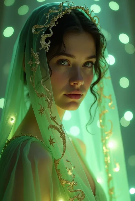 The image appears to show a woman dressed in a green, glowing, intricately detailed veil, which is adorned with golden accents. The veil is illuminated by small, glowing specks of light that seem to float around her, giving the entire scene an ethereal, ma...