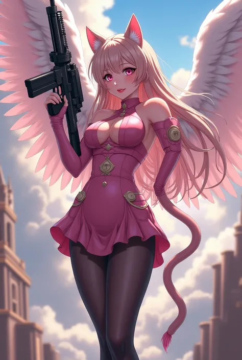 Please draw me an anime of a cat girl angel。In the background is the heavens with a palace.。Holding a machine gun。Please wear a mini skirt and black pantyhose.。Please draw her tall and in a model-like style.。Please draw me with beautiful breasts。Please dra...