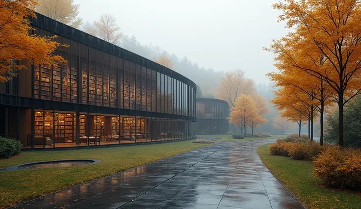 Create an expansive modern library in a famous university with open architecture, featuring glass walls that allow a panoramic view of the surrounding autumn foliage. Inside, there are large study tables and quiet pods surrounded by walls of bookshelves. O...