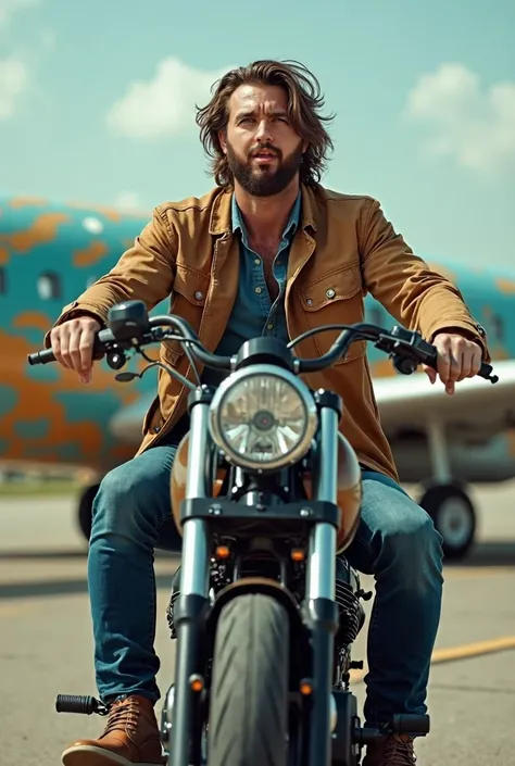 "Create an image of a 6.2 feet tall, handsome man with a perfect, athletic build, long hair, and a beard, suitable for a YouTube video in format. The character is sitting on a HARLEY-DAVIDSON Street Bob, wearing a camel-colored jacket and blue denim. The s...