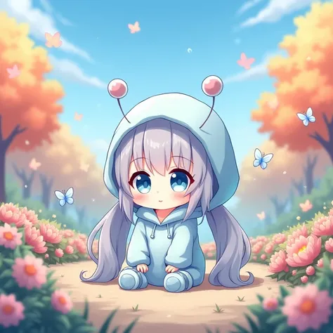 Chibi Character,High image quality,girl,cute,Gray Hair,Long twin tails,Light blue eyes,hoodie,Pale cool colors,Fluffy atmosphere,Maple scenery,Sitting flat,High resolution, Blushing, Look at, smile, Blue sky behind,Flower Garden,butterfly々