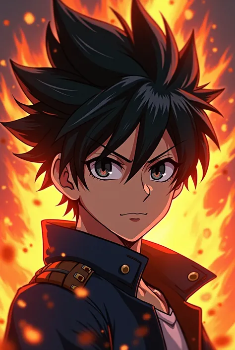 A anime boy his background is fire and dangerous face new