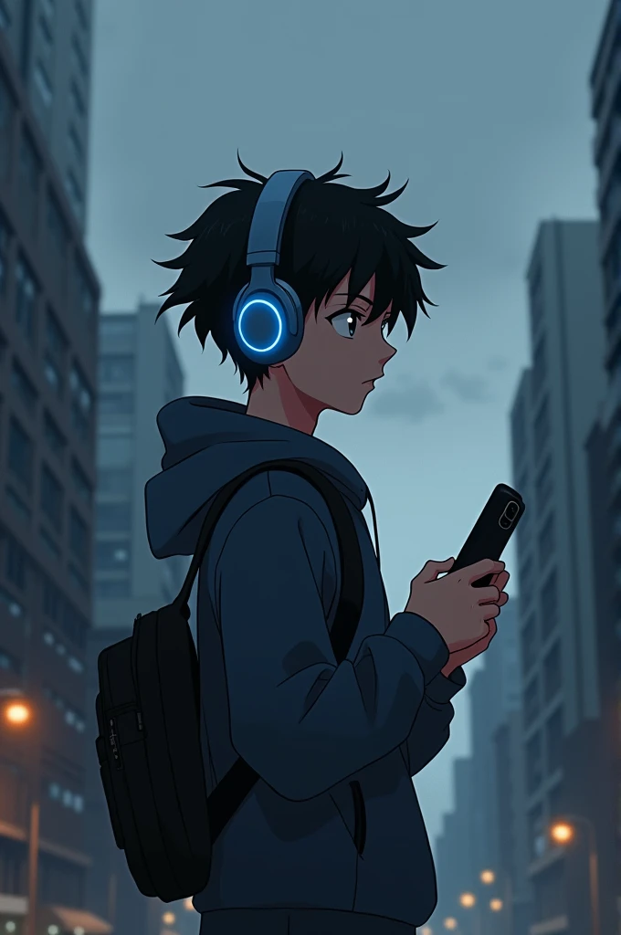 Anime style , a young boy with messy black  hairs, a black city background, the boy is holding a black phone in his hands and blue wireless headphones on head 