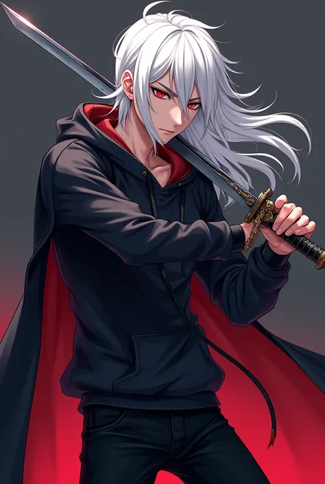 Image of a handsome 1m74 tall anime male with white hair and red eyes wearing a hoodie and black pants holding a sword tilted to the right 