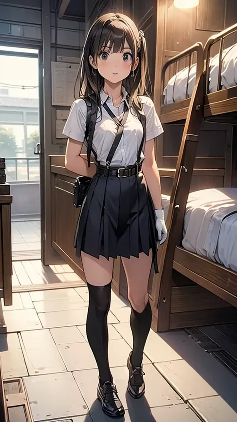 high quality, masterpiece, Ultra-high resolution, (realism: 1.4), Oil painting style, Cinema Lighting, , I stood on the empty asphalt road and looked at it.., And suspenders with flying cranes　　Large Breasts　 　 　　　　Small Face　 　　　holster　　　　　　　 Lying in be...