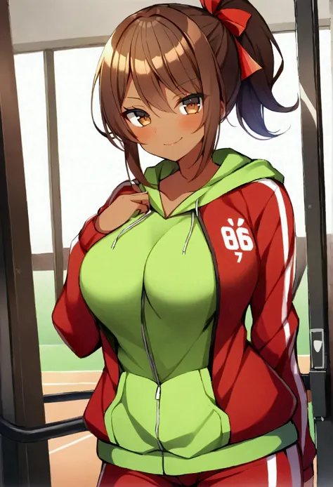 score_9, score_8_up, score_7_up, score_6_up, source_anime, 1girl, solo hazakura, brown hair, short ponytail, short hair, brown eyes, tan, hair ribbon, red jacket, green hoodie, track pants, red pants, large breasts, looking at you, smirk, upper body, gym